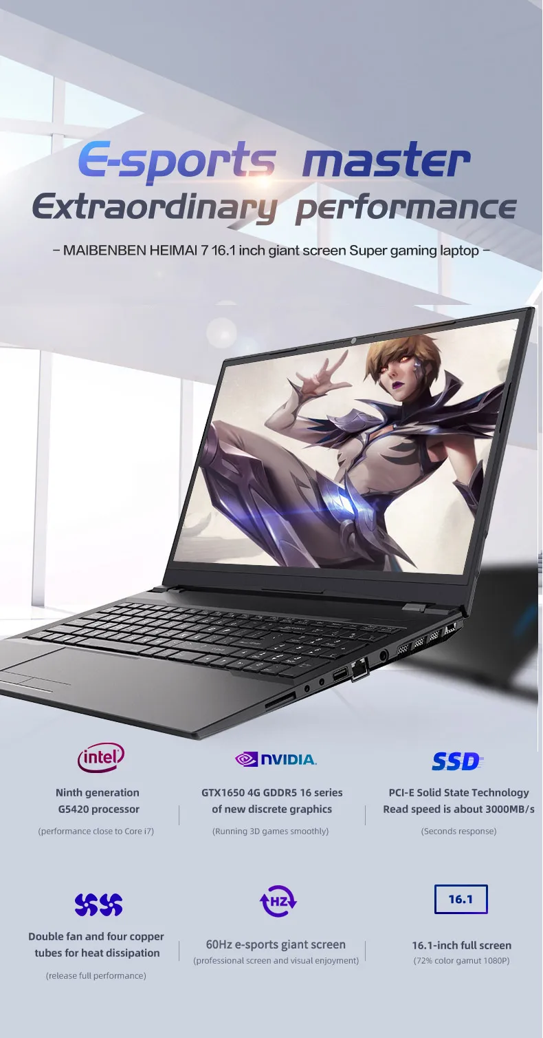 MaiBenBen HeiMai 7 ноутбук для игр Intel G5420+ GTX1650 4G graphics/8G-16G ram/256G-512G SSD+ 1 ТБ HHD/16," 60Hz 72% NTSC ADS