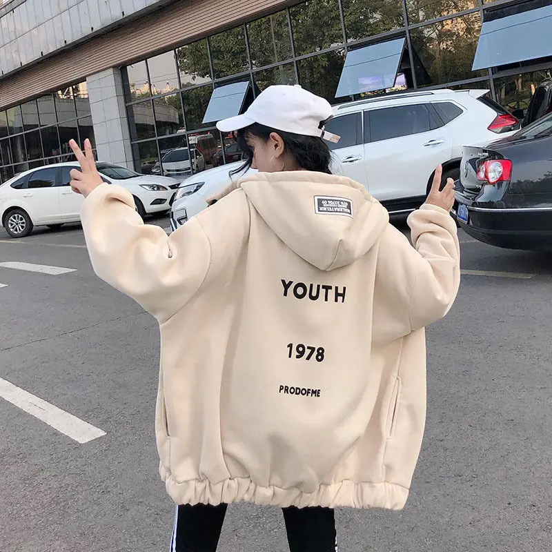 Осенне зимняя новая Женская толстовка с капюшоном на молнии буквенным принтом