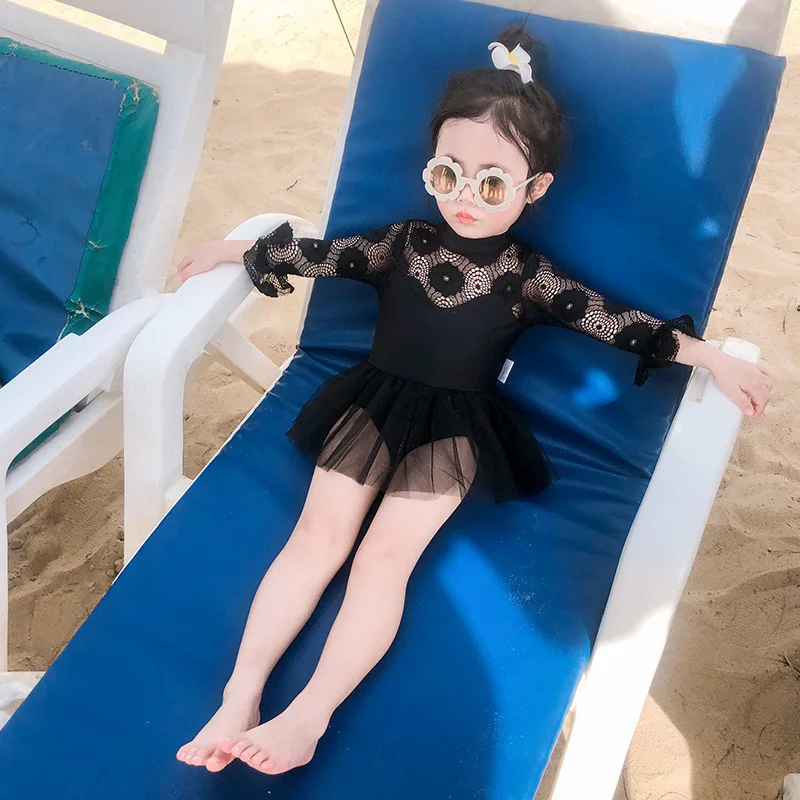 

2PCS /SET Korean Toddler Infant Baby Girls Lace Sunscreen Long Sleeve Swimsuit Summer Hawaii Beach Bikini Kids Swimwear With Cap