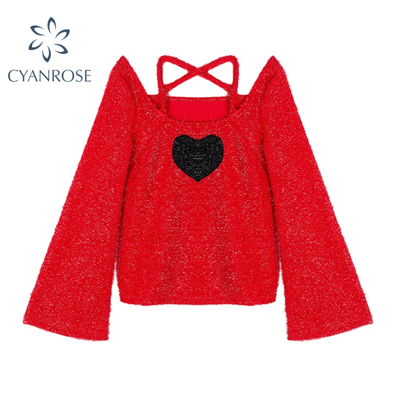 Красный пуловер из мохера вязаный свитер Женский винтажный элегантный