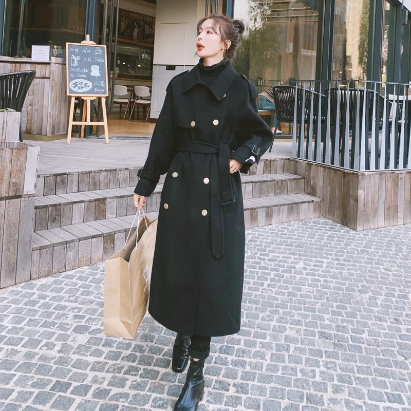 

2020 NEW Fashion Long Woolen Coat Women Winter Korean Loose BF Slim Thick Mid-length Double breasted Wool Coat Black Jackets 781