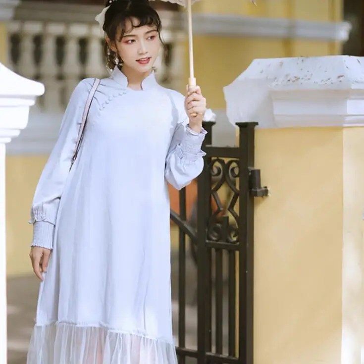 New Hanfu loose young girl women elegant long stand Collar Chiffon splicing fresh solid color daily casual travelling dress enlarge