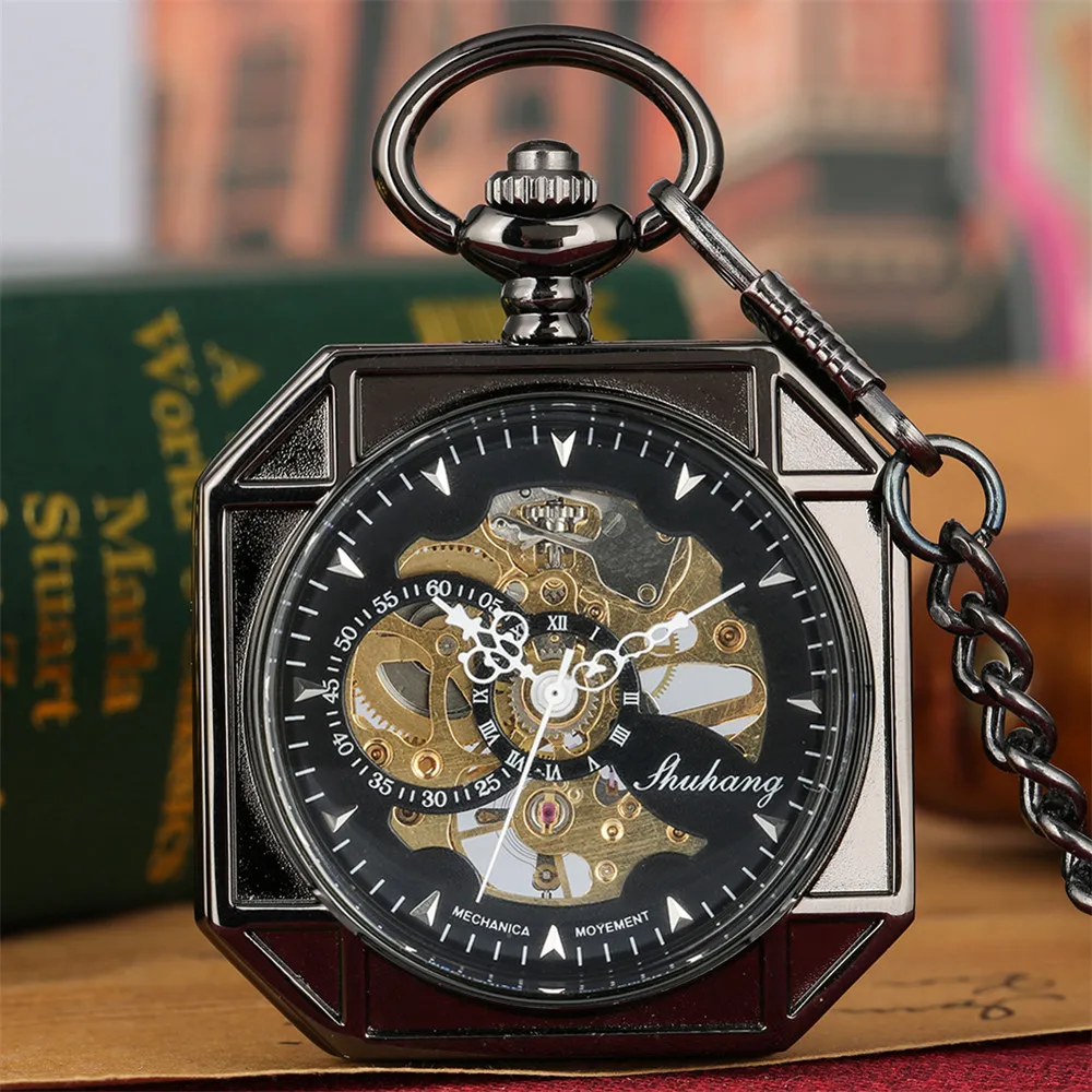 

Antique Black Mechanical Hand-Wind Pocket Watch Transparent Glass Hand Square Pendant Manual Mechanism Pocket Clock Retro Gift