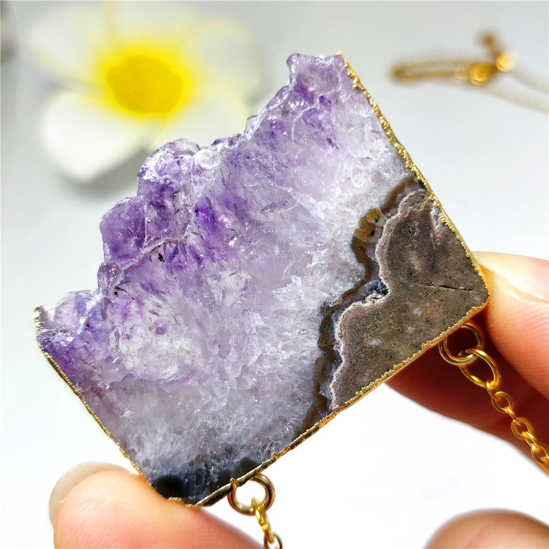 Натуральный круглый аметист кластера пластина подвесной плиты с золотой