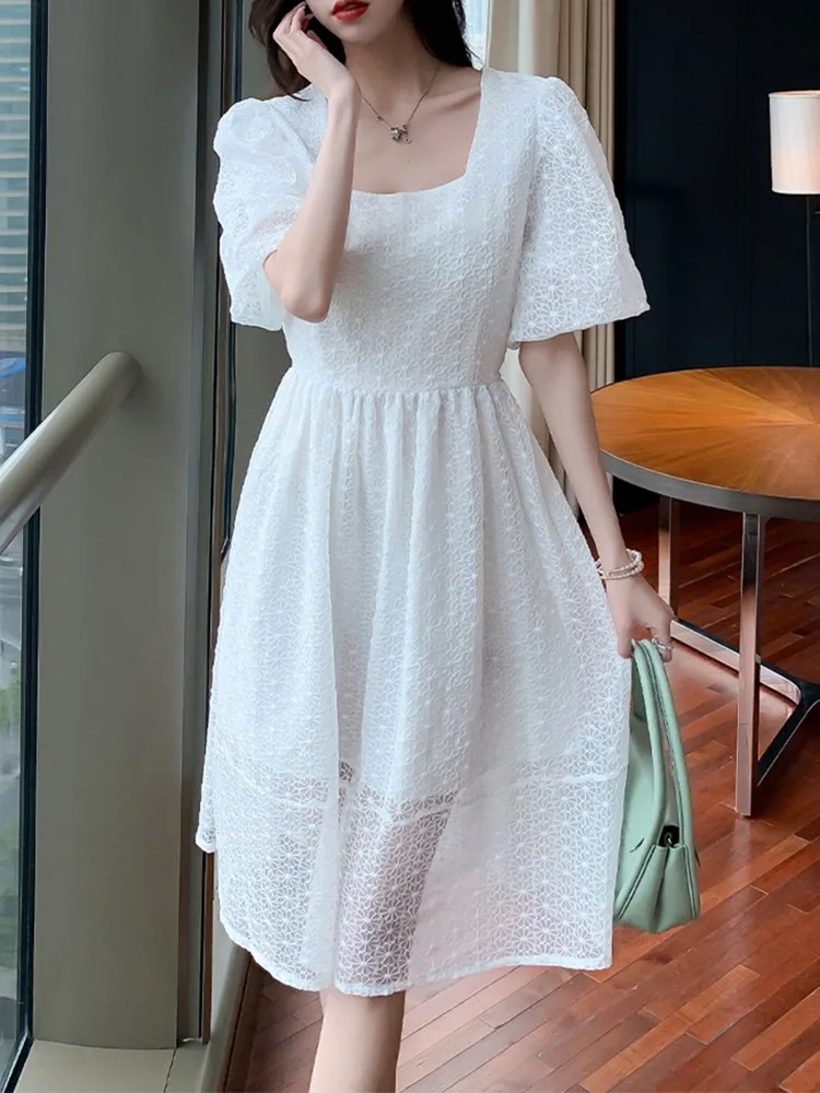 

Sweet White Short Sleeve Medium Long Dress Women's Summer Hollow Out Slim Midi Dresses Female Back Single Breasted Dress Mujer