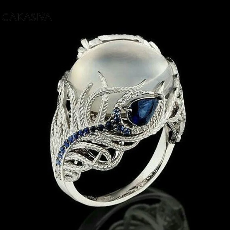 

Created Moonstone Opal Flower Inlaid Sapphire Rings Fashion Jewelry Personalized Rings for Women Bijoux Wedding Jewelry Gift