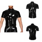 Мужские Блестящие топы с воротником-стойкой и металлическим блеском на молнии спереди, пикантные топы из ПВХ и лакированной кожи для ночного клуба с коротким рукавом для мужчин