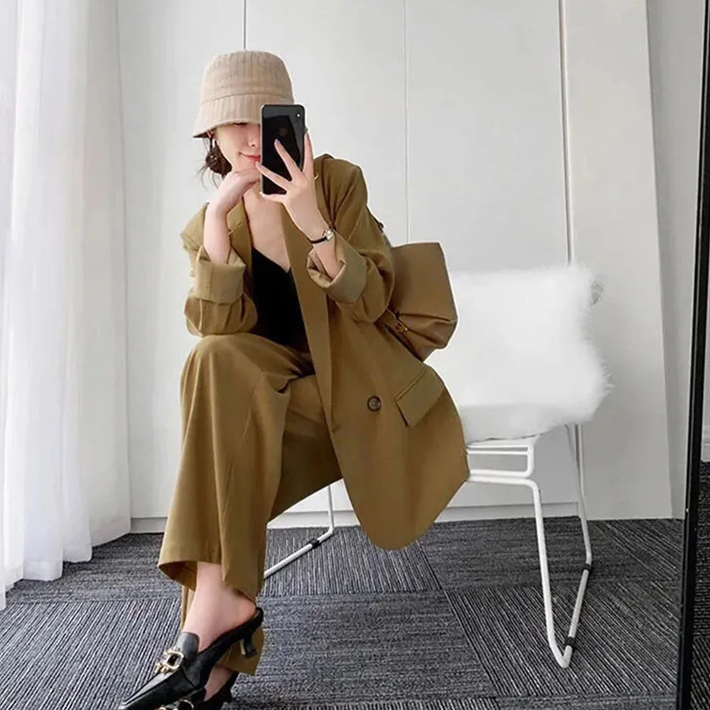 

Casual Suit Female Korean Version Of The Spring 2021 Women Fashion Blazer And Thin Temperament Wide-leg Trousers Two-piece Suit