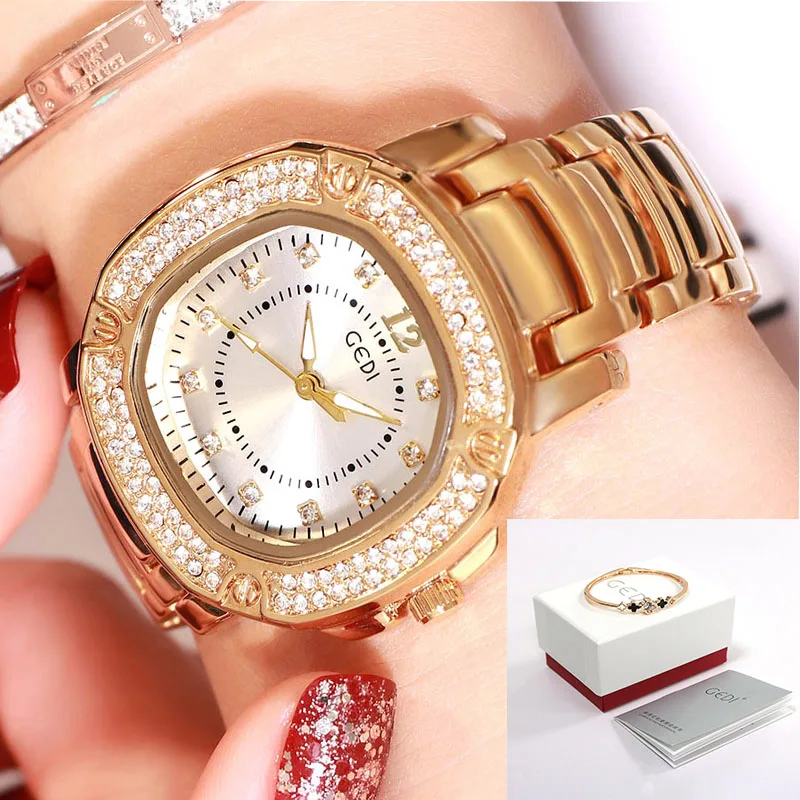 Gold White Box GEDI, женские часы с ремешком из сплава, женские наручные часы, повседневные кварцевые женские часы,, роскошные часы, водонепроницаемые, relogio feminino - Цвет: Gold White Box