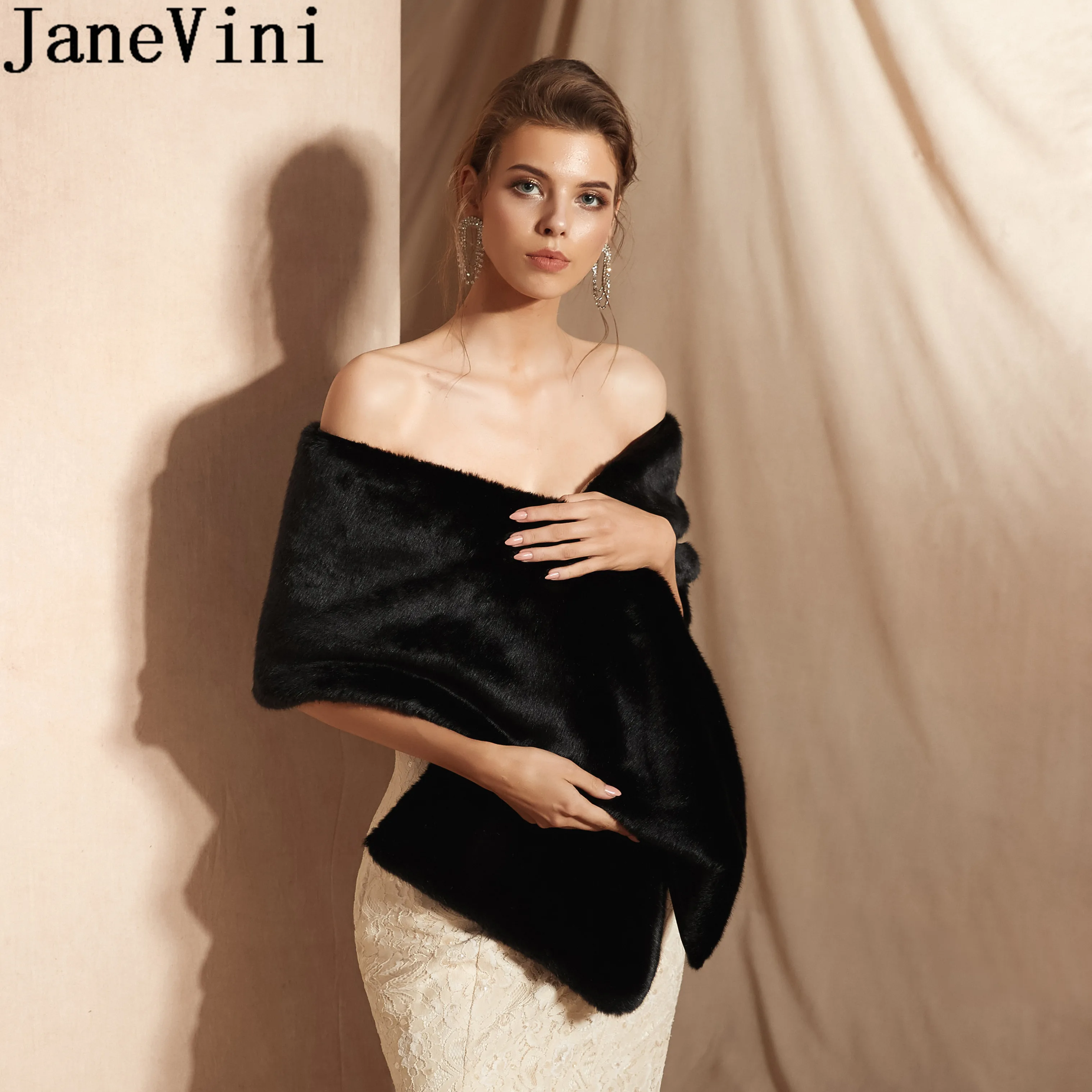 JaneVini черное меховое Болеро для невесты накидки зимняя Свадебная шаль накидка