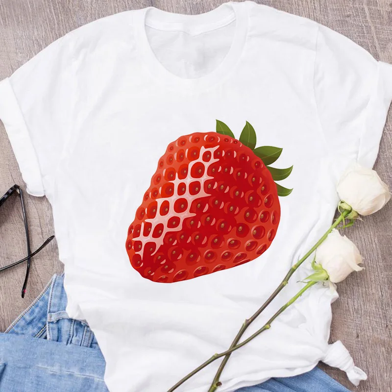 

Fashion Casual White T Shirt Summer Short Sleeve Women Clothing T-shirt New Harajuku Cute Strawberry Apple Funny Print Tshirt