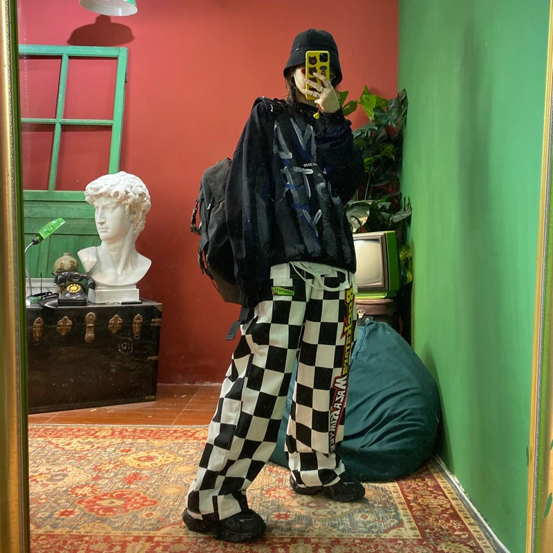 Street hip-hop Harajuku Retro checkerboard handsome loose BF large-size wide-legged overalls spring women men pant trousers | Женская