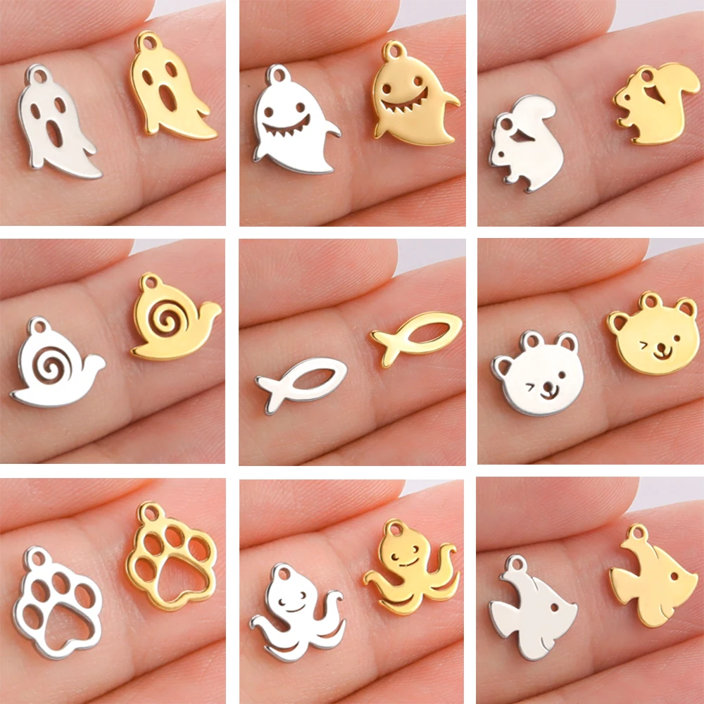 5pcs/lot Stainless Steel DIY Charms for Jewelry Making Ghost Squirrel Fish Bear Paw Animal Pendant for Necklace Bracelet Earring