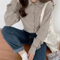 houndstooth plaid blouse shirt elegant vintage women korean fashion autumn female retro khaki shirts casual streetwear