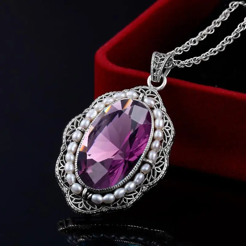 

Жемчужное ожерелье 925 Серебряный кулон для женщин широкий большой овальной вставкой из Аметист Подвеска Роскошные винтажные настоящие сер...
