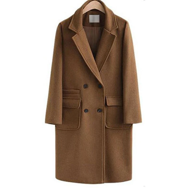 Женское длинное пальто из смешанной шерсти двубортное большого размера с