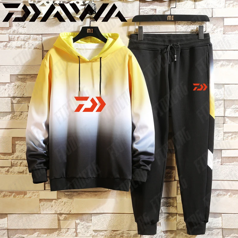 

Mens Daiwa Fishing Suit Set Fleece Fishing Clothes Pants Men Breathable Outdoor Sport Solid Black Hoodie Fishing Clothing