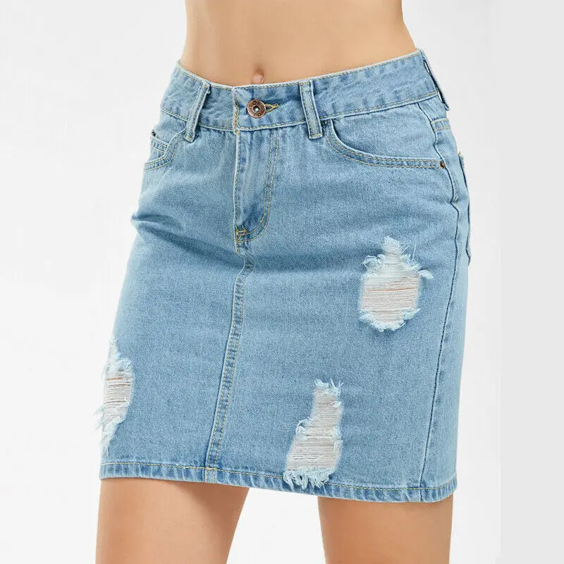 

Sexy Ladies Womens Denim High Waisted Bodycon Celeb Pencil Ripped Frayed Denim skirt Casual Slim Hip Skirt