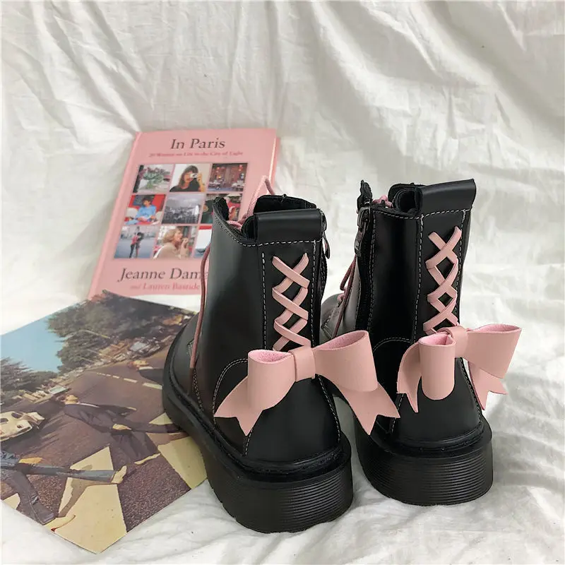 

Women's Harajuku Fashion Spring Autumn E-girl Shoes Ankle Lace Up Boots Bow Casual Flats Platforms Kawaii Lolita Black Pink Shoe