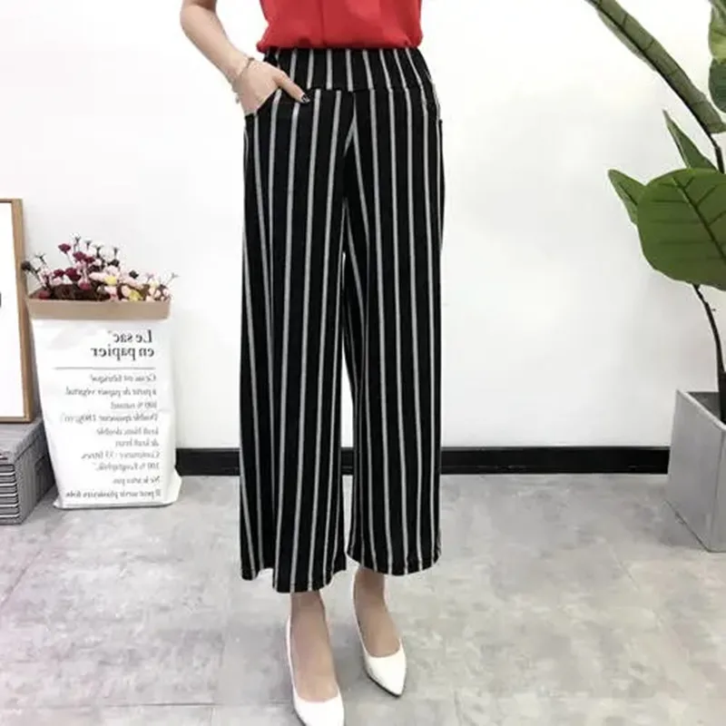 

Women's Fashion Wide Leg Long Casual Summer Flare High Waist Elastic Waist Striped Loose Culotte Trousers Cropped Pants 2021