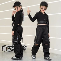 kid kpop hip hop clothing black v neck crop top long sleeve shirt streetwear tactical cargo hole pants for girls dance costume