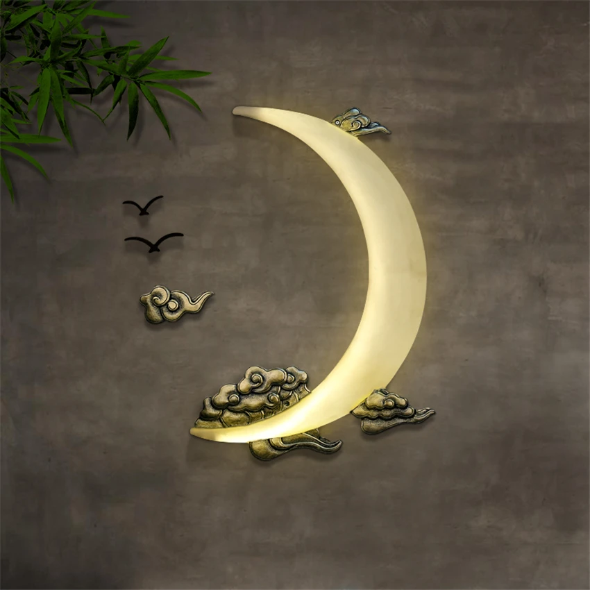 

Chinese wind moon resin wall lamps living room modern bedroom wall sconces lights stairwell study background deco fixtures