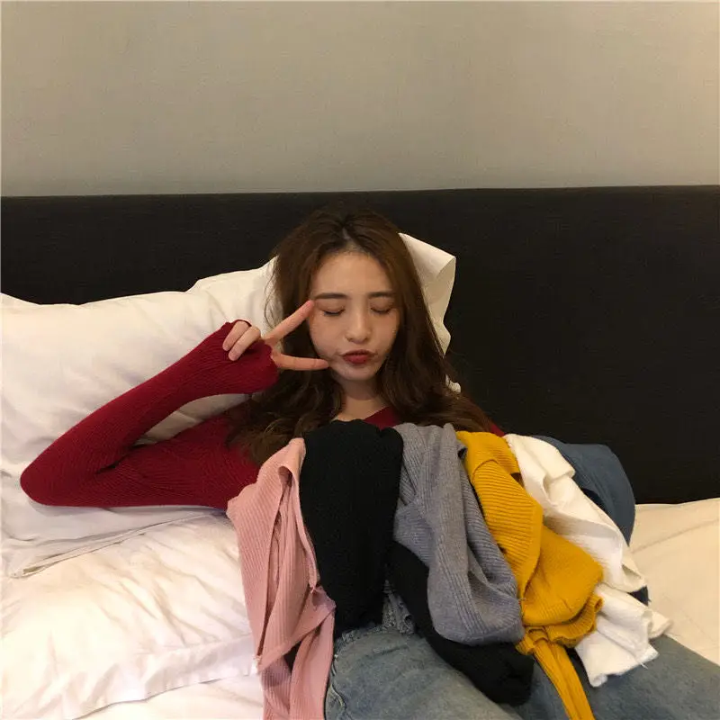 

Sexy V-neck Slim Long Sleeve Knitted Top 2020 Autumn Slim Bottom Shirt Korean Style Pullover Shirt Winter Thin Female Sweater
