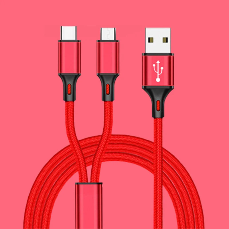 Red 2 in 1 Cable 2 в 1 USB кабель Micro usb type C кабели быстрое зарядное устройство планшет телефон зарядный шнур 2в1 нейлоновая оплетка Android USB C провода для зарядки - Цвет: Red 2 in 1 Cable
