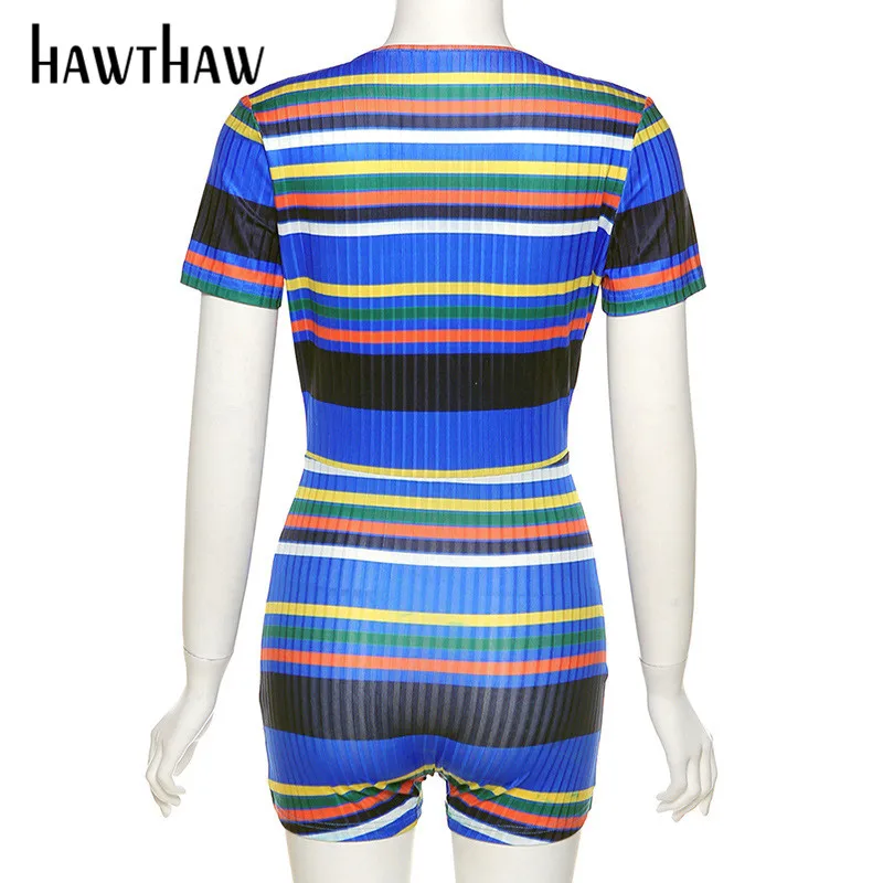 

Hawthaw Women Summer Short Sleeve V Neck Striped Printed Bodycon Romper Playsuit Sportswear 2021 Female Clothing Streetwear