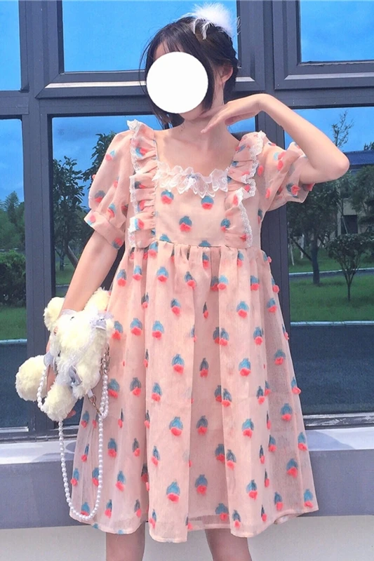 

Japanese Sweet Short-Sleeved Lace Ruffles Stitching Loose Slimming Puff Sleeve Dress Female 2020 Summer lolita dress