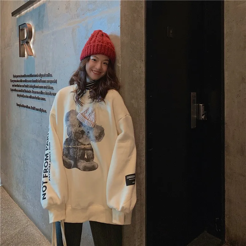 Bear Print Cute Oversized Sweatshirt Korean Loose Plus Velvet Long Sleeve Women Sweetshirts Pullover Womens Clothing Streetwear