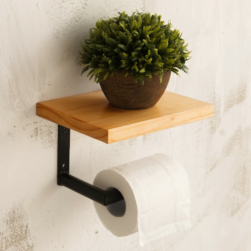 

DWZ Retro Iron Bathroom Hotel Roll Paper Tissue Hanging Rack Wooden Shelf Toilet Paper Holder Wall Mounted Bathroom Paper