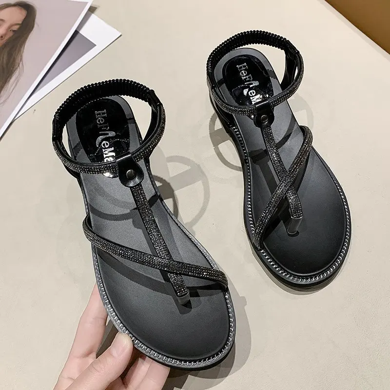 

Fashion Rhinestone Women Roman Sandals 3.5cm Heels House Outdoors Casual Shoes Open Toe Non-Slip Gladiator Sandals Fast Shipping