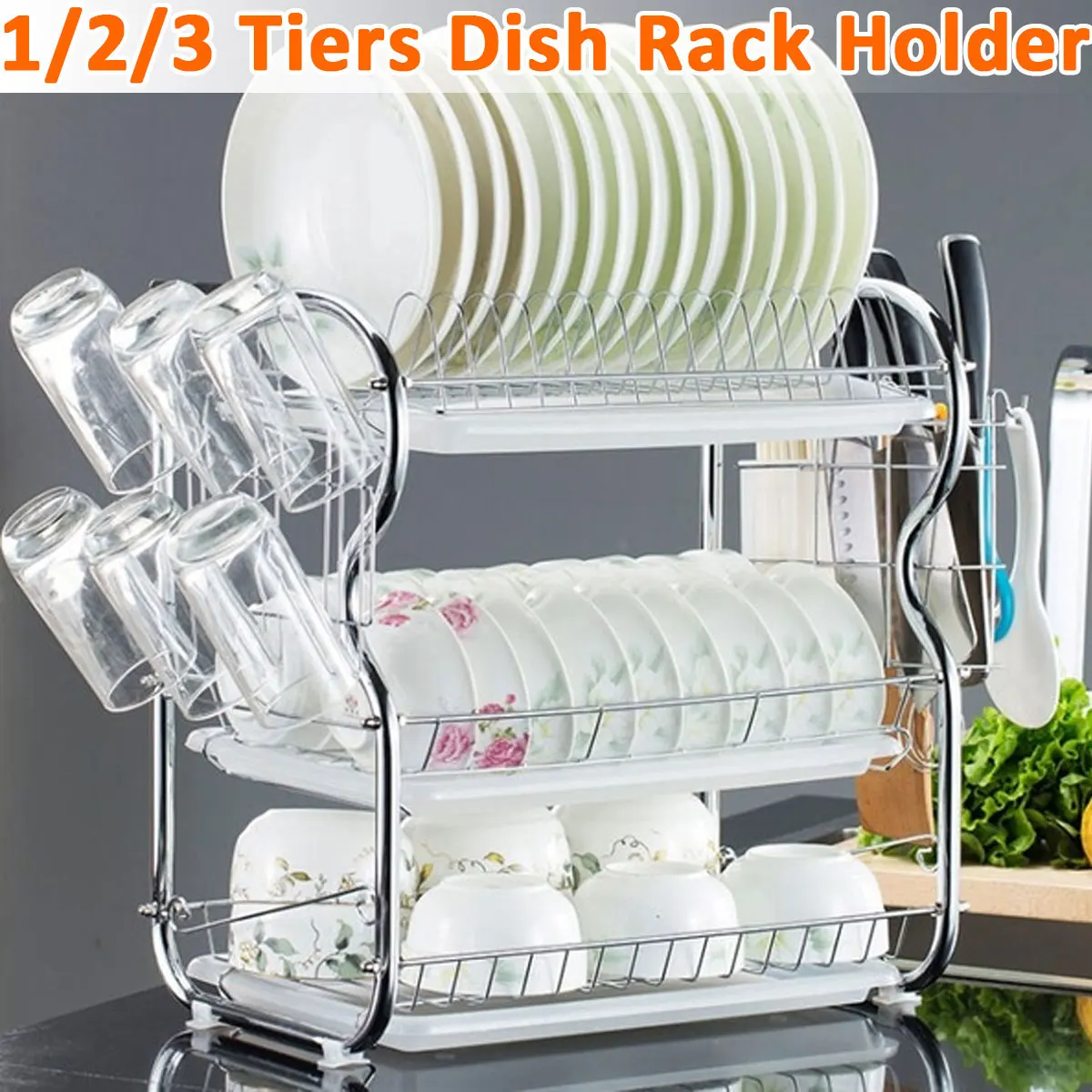 

2-3 Tiers Dish Drying Rack Kitchen Washing Holder Basket Plated Iron Kitchen Knife Sink Dish Drainer Drying Rack Organizer Shelf