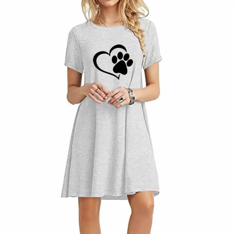 

Dog Cat Paw Heart Letters Print Large Size Solid Color Dress Dress Vestidos Maxi Clothing Vintage Lolita Boho