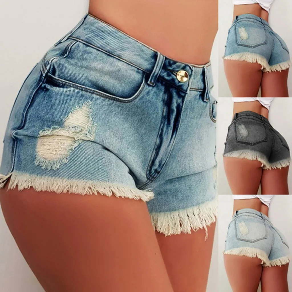 

Women's shorts tassel ripped pockets sexy denim shorts women's slim solid color ripped sexy denim shorts 40*