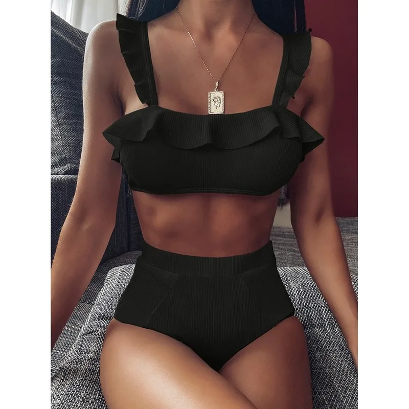

High Waist Swimming Suit For Women Sexy Black Swimwear Push-up Swimsuit Biquini Bathing Suit Beachwear Ruffle Bikini Set 2021