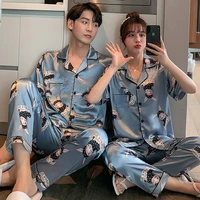 new summer cartoon print pajamas set ice silk lapel couple pajamas two piece set buttoned short sleeved trousers pajamas