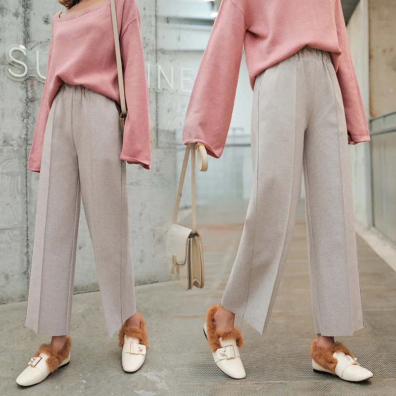 Плотные осенне-зимние брюки женские шерстяные широкие черные серые свободные до