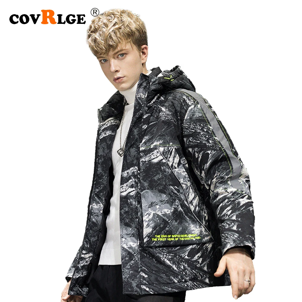Covrlge Man Duck Down Jacket Light Thick Jackets Men's Hooded Fleece Jacket Ins Tooling Trend Big Pocket Down Jacket Men MWY036