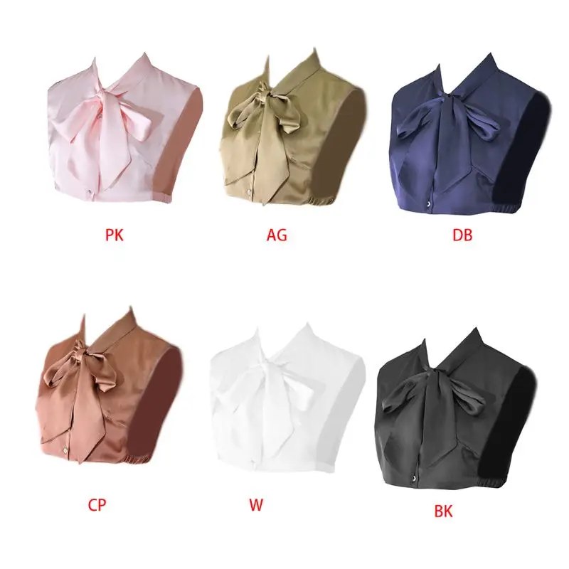 

Womens Lady Imitation Silk Solid Color Half-Shirt Blouse Adjusable Long Ribbon Bowknot Tie Detachable Button Down False Collar
