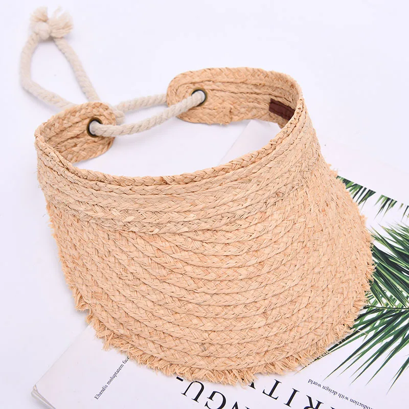 

Magic Tape Panama Women Straw Hat Empty Top 2021 Women Summer Hat Sun Protection Outdoor Sports Fishing Beach Outdoor Visor Caps