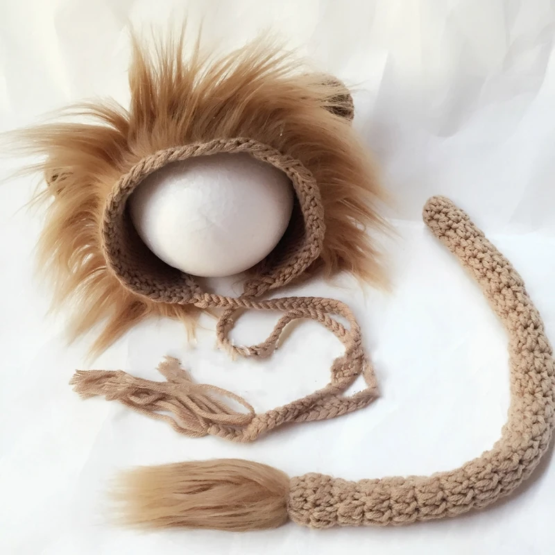 

2 Pcs Baby Props Lion Hat Tail Set Newborn Photography Costumes Knitted Outfits J60B