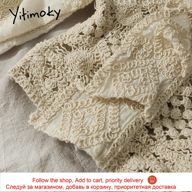 

Yitimoky Vintage Ruffles Blouses Women Puff Sleeve Hollow Out Shirts Square Collar White Tops 2021 Spring Fashion Short Clothes