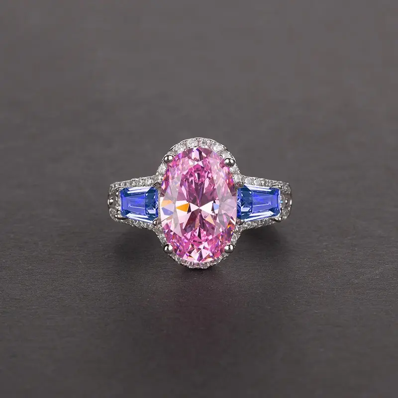 

Jazaz 100% Solid Sterling Silver Big Oval Pink White Yellow High Carbon Diamond Wedding Ring Lady Women Party Fine Jewelry B0337