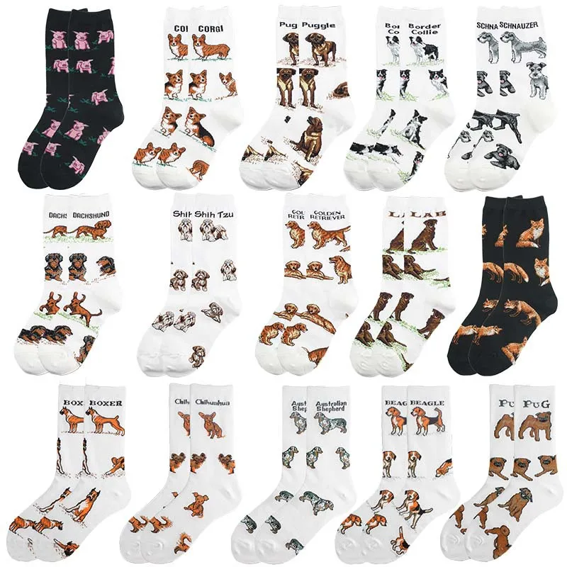 

Socks with Print for Men High Quality Combed Cotton New Pamper Animal Unisex Fashion Funny Cartoon White Black Dog Women's Sock