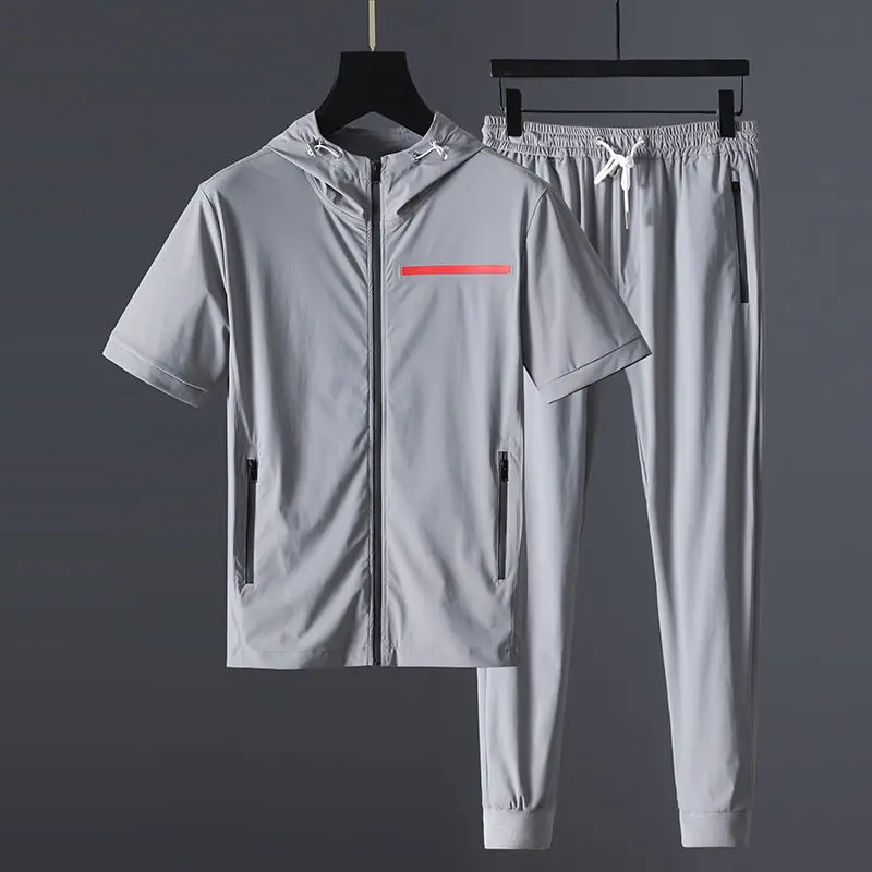 

2021 summer short sleeve suit ultra thin quick dry two piece fashion men's cardigan sports suit