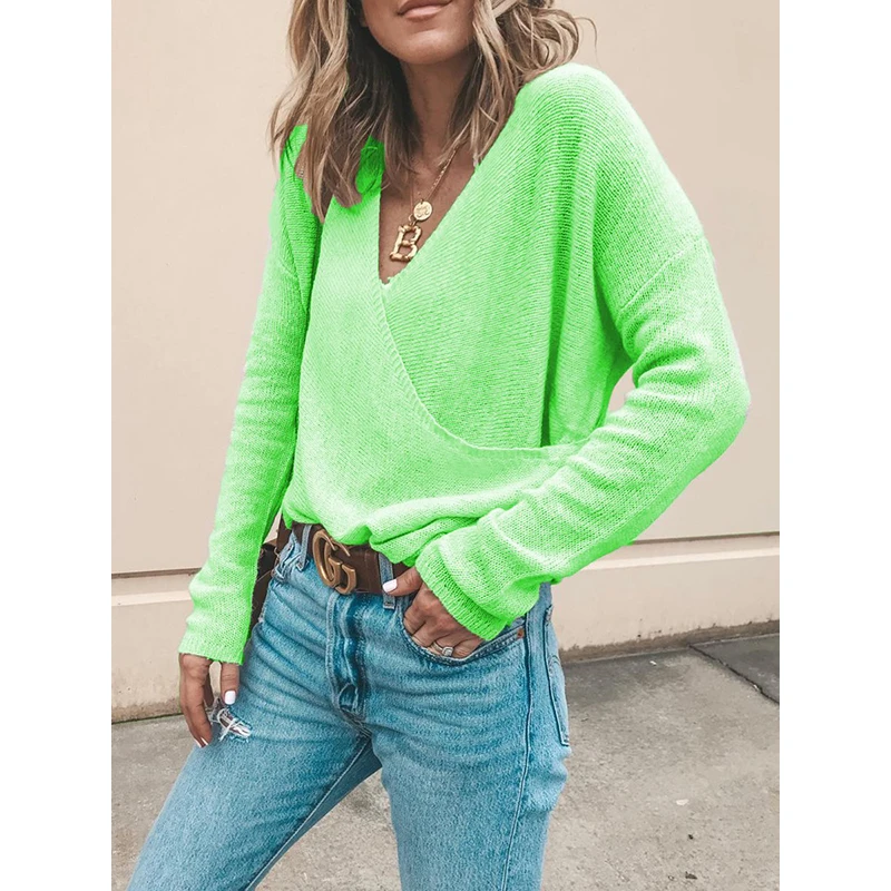 

New Autumn V-Neck Sweaters Women Jumpsuit Fashion Long Sleeve Knitted Pullovers Tops Office Lady Solid Sweaters Plus Size S-5XL