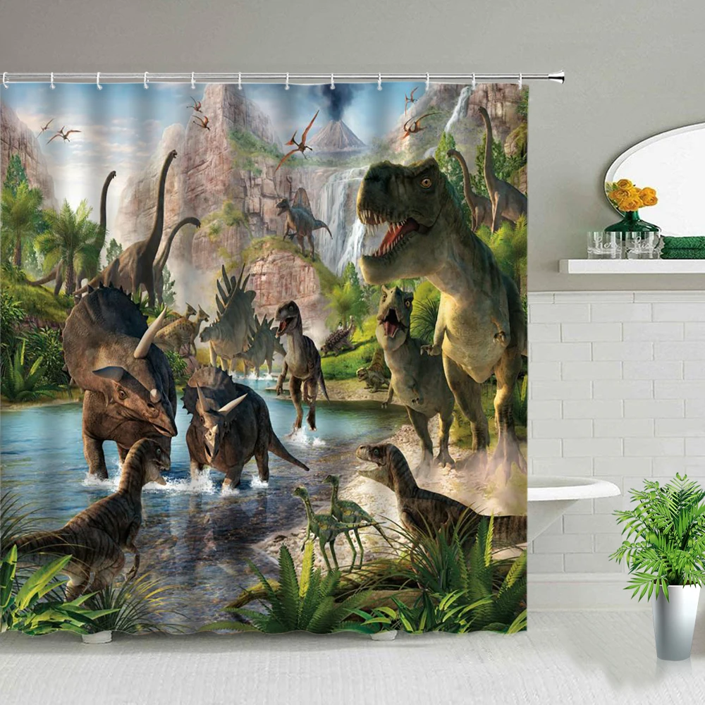 

Занавеска для душа с динозаврами, из полиэстера, водонепроницаемая