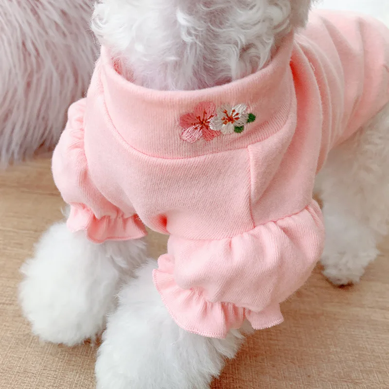

Embroidery Flower On Clothes Collar T-shirts For Dogs Bubble Sleeves Solid Color Dog Clothes Solid Color Clothes for Yorkies Hot